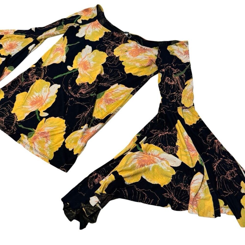 We The Free Floral Off Shoulder Bell Sleeve Top Black Yellow Boho Size S - Picture 2 of 6